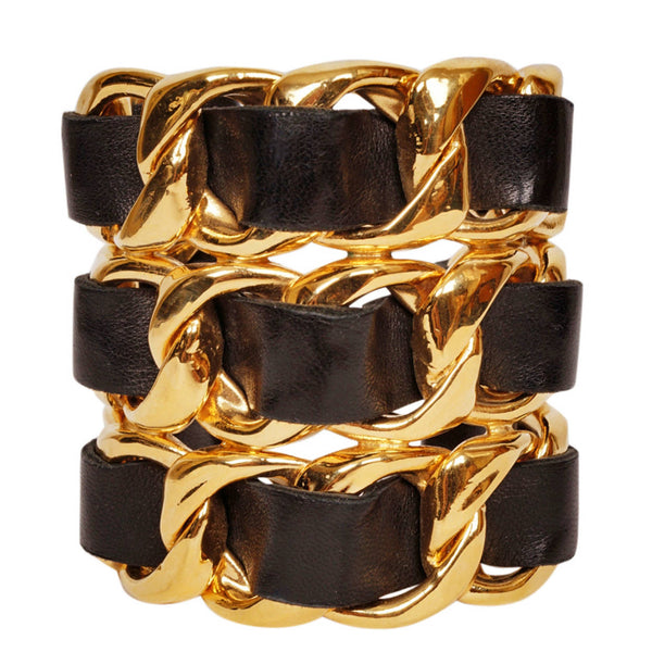 Vintage Chanel Cuff Bracelet 1980s Gold Toned Chain Black Leather - Poppy's Vintage Clothing