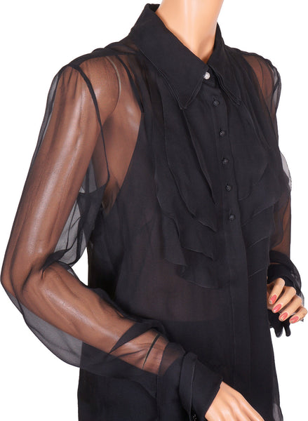 Chanel black silk tie sleeveless blouse shirt top size M