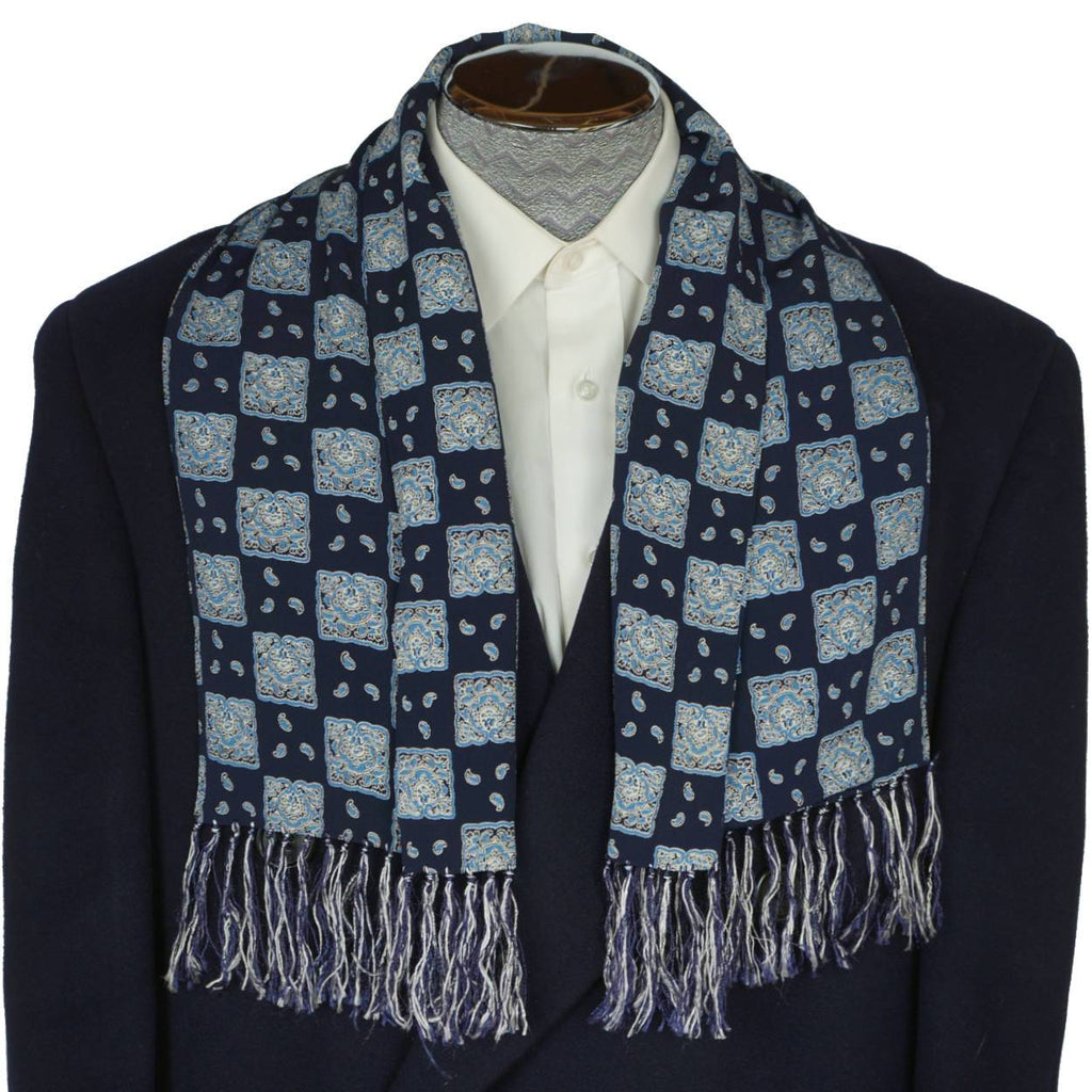 Vintage 1940s 50s Mens Fringed Scarf Hand Printed Silk Crepe Paisley Squares - Poppy's Vintage Clothing