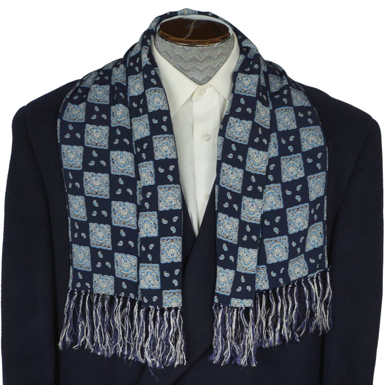 Vintage 1940s 50s Mens Fringed Scarf Hand Printed Silk Crepe Paisley Squares - Poppy's Vintage Clothing