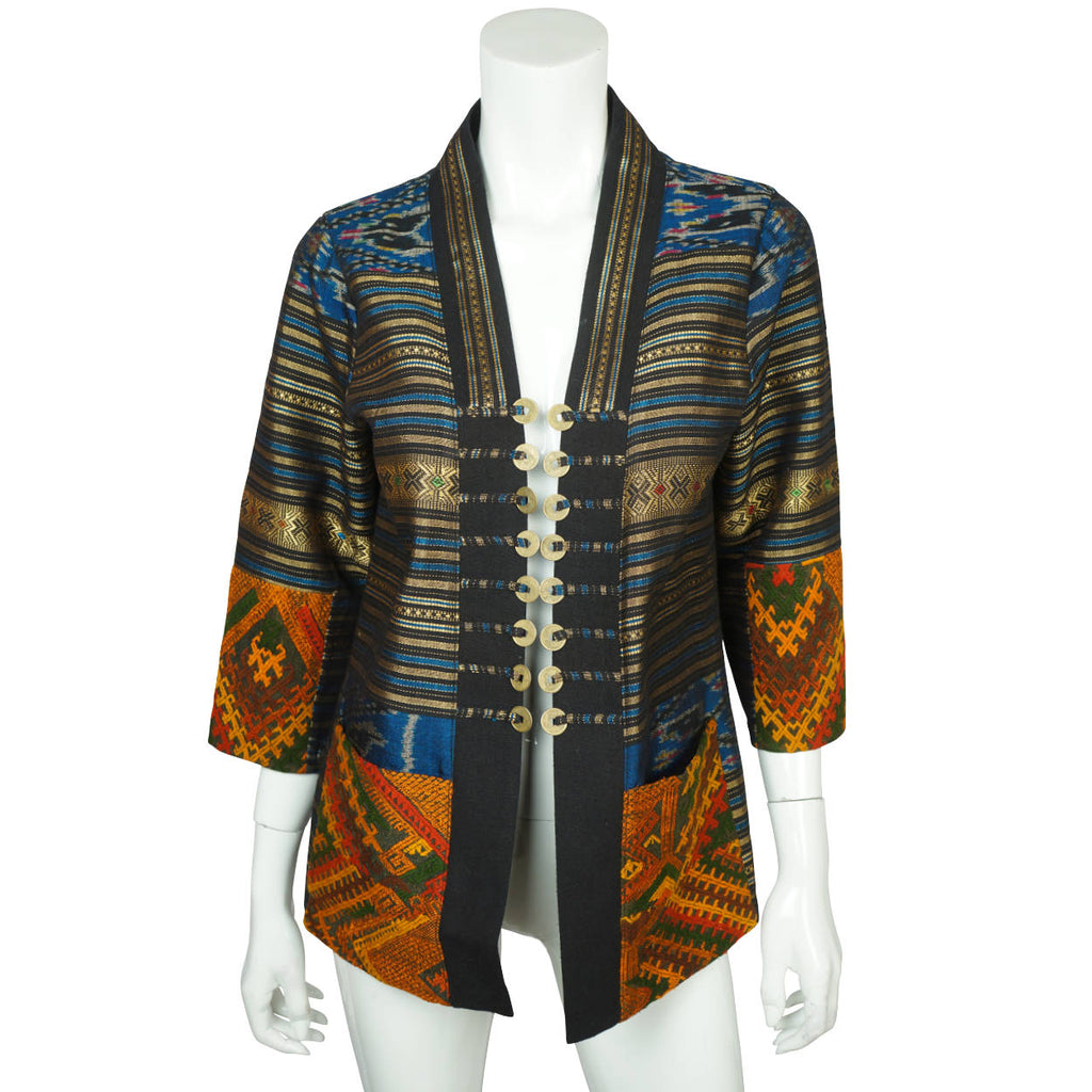 Vintage Thai Silk Jacket with Embroidery &amp; Coin Buttons - Poppy's Vintage Clothing