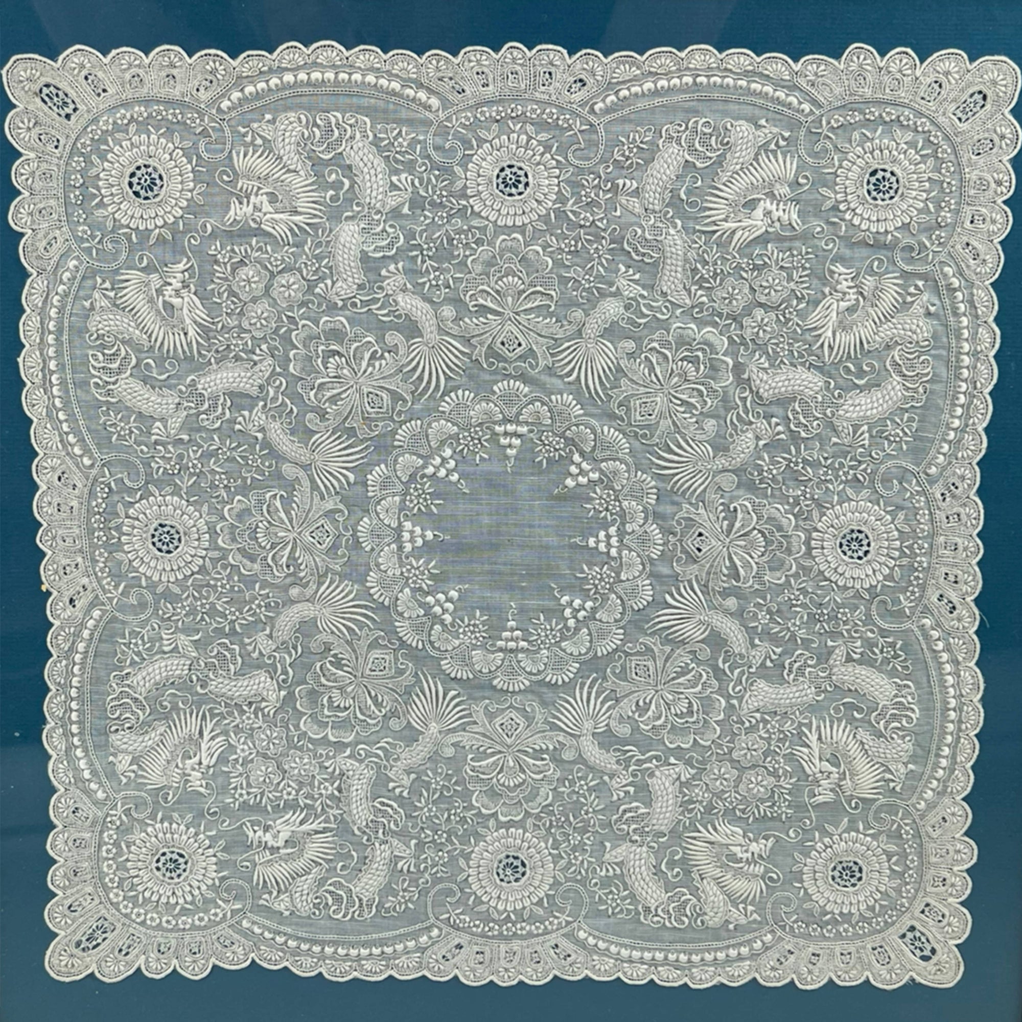 Vintage 1930s Chinese Embroidered Linen Handkerchief Framed