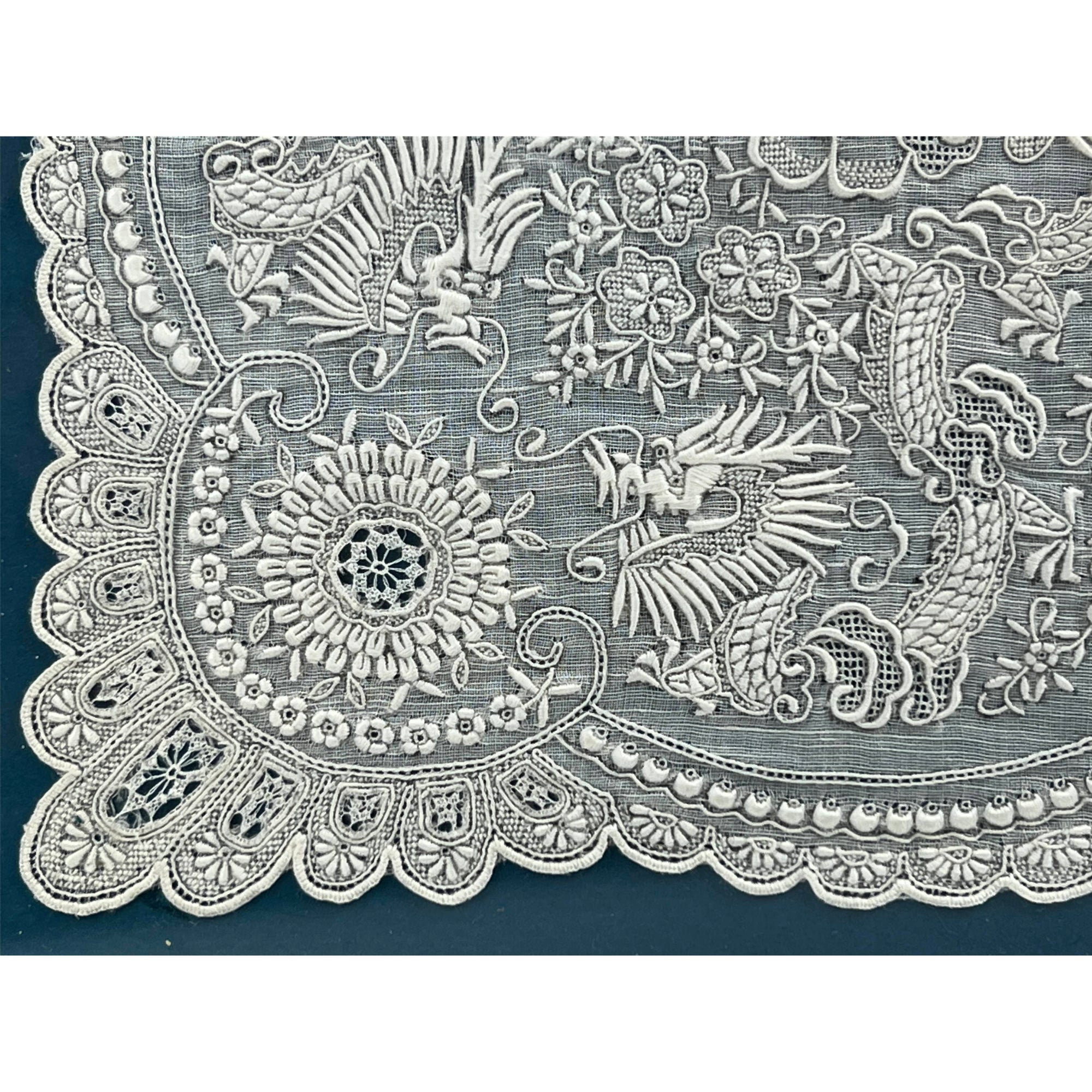 Vintage 1930s Chinese Embroidered Linen Handkerchief Framed