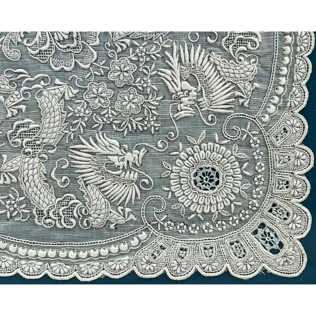 Vintage 1930s Chinese Embroidered Linen Handkerchief Framed