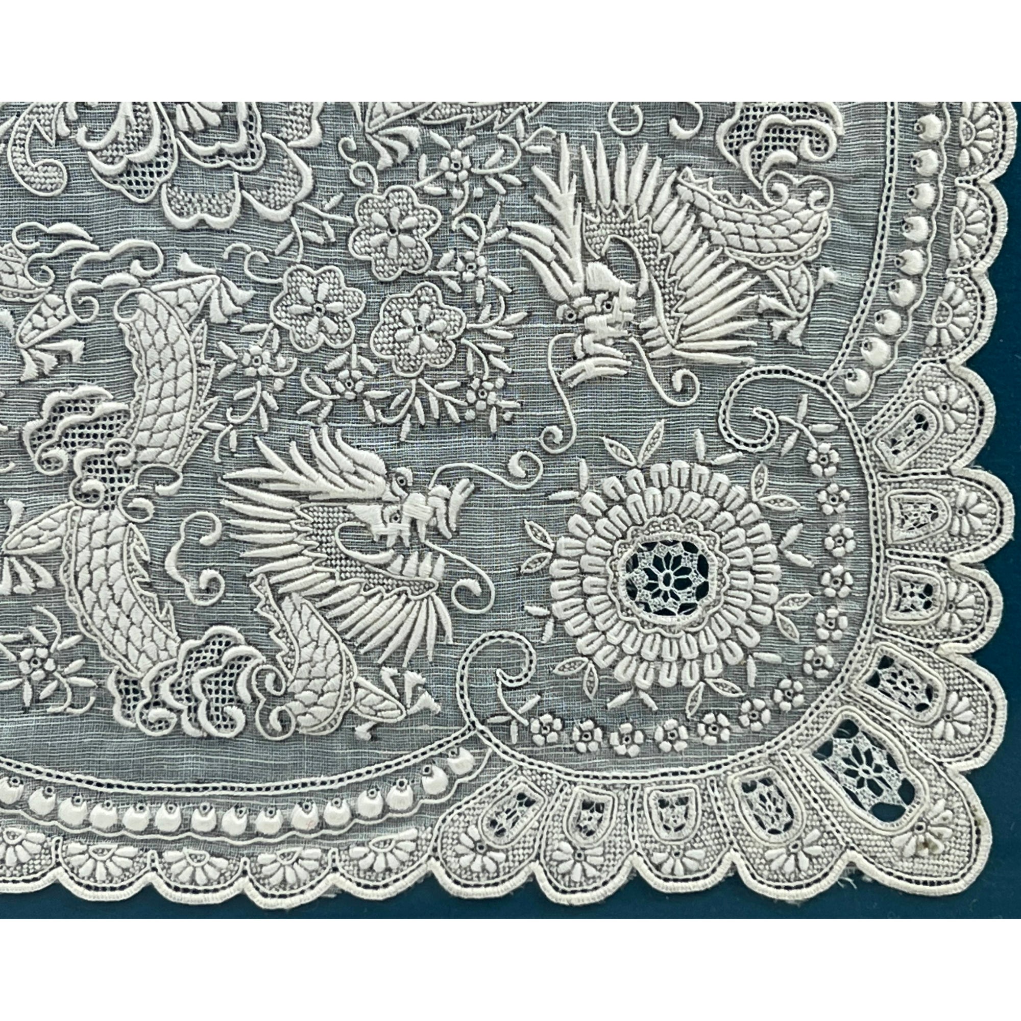 Vintage 1930s Chinese Embroidered Linen Handkerchief Framed
