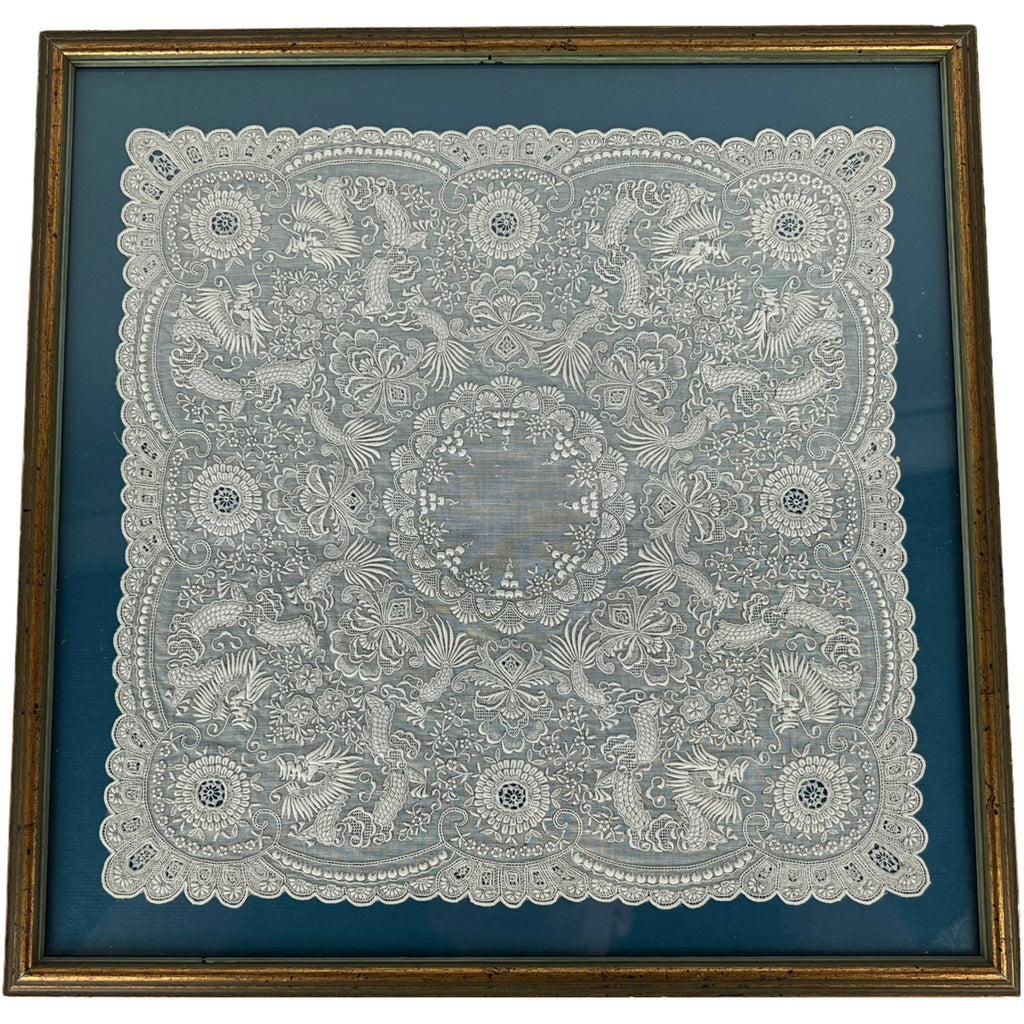 Vintage 1930s Chinese Embroidered Linen Handkerchief Framed