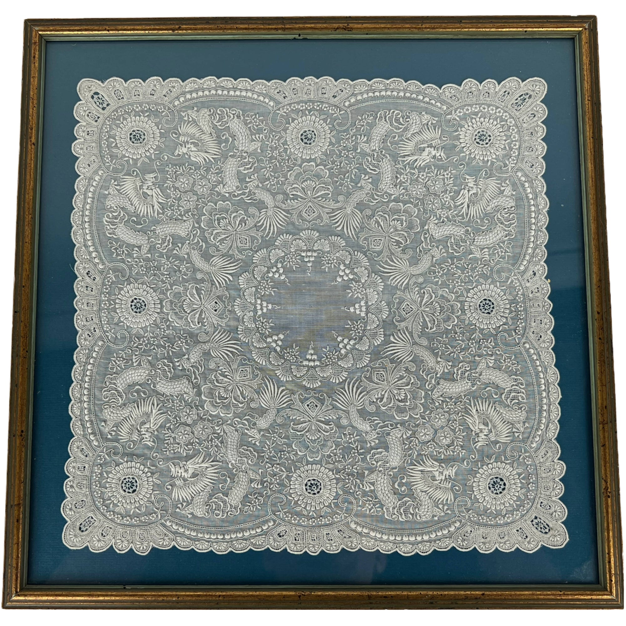 Vintage 1930s Chinese Embroidered Linen Handkerchief Framed