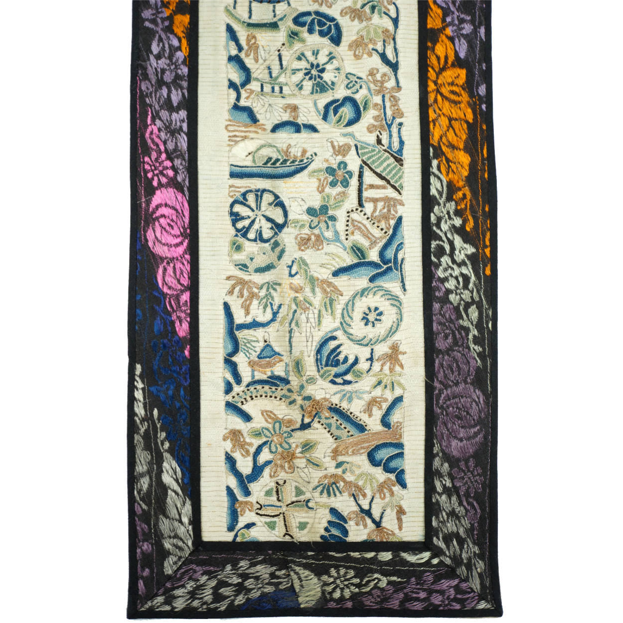 Antique Chinese Silk Embroidered Sleeve Band Forbidden Stitch Embroidery 7”x 21” - Poppy's Vintage Clothing