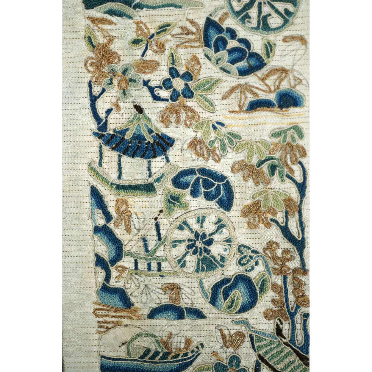Antique Chinese Silk Embroidered Sleeve Band Forbidden Stitch Embroidery 7”x 21” - Poppy's Vintage Clothing