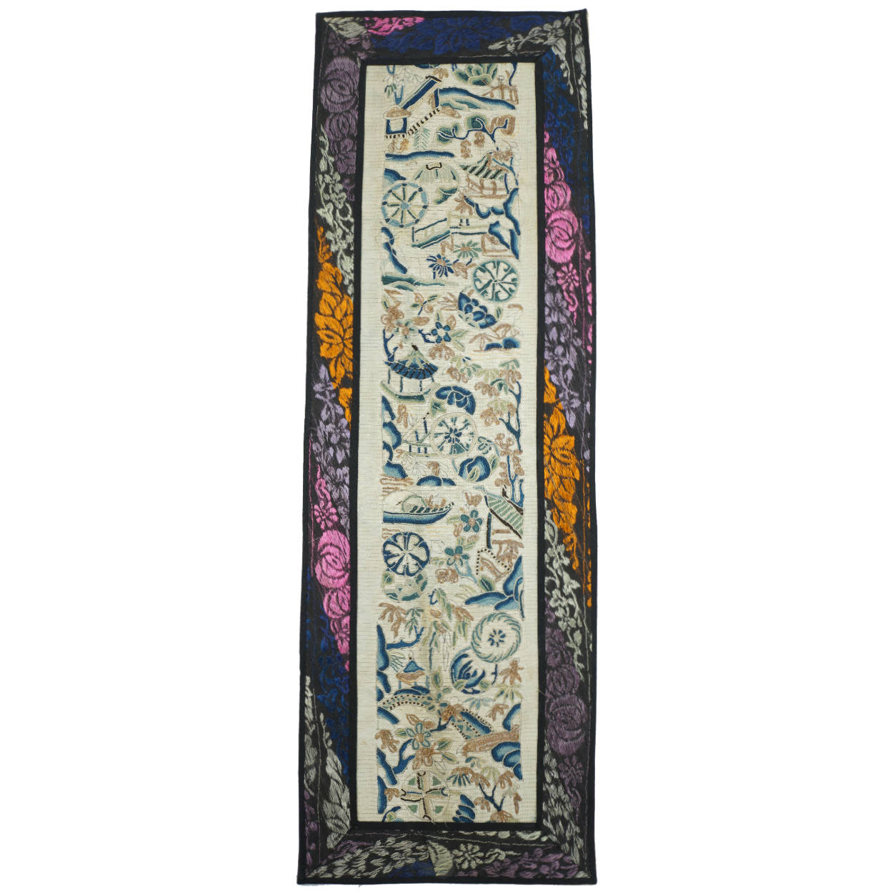 Antique Chinese Silk Embroidered Sleeve Band Forbidden Stitch Embroidery 7”x 21” - Poppy's Vintage Clothing
