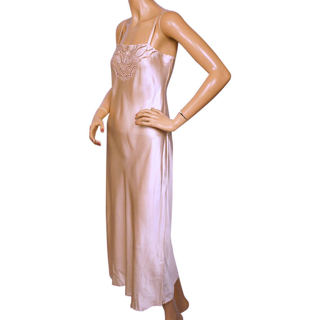 Vintage 1970s Pink Silk Long Slip Hand Embroidered in China Size L - Poppy's Vintage Clothing