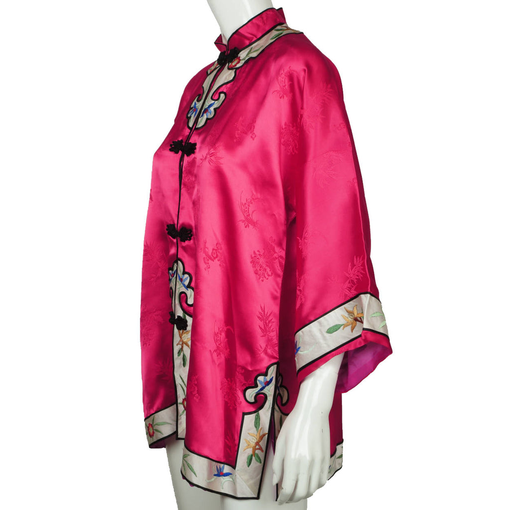 Vintage Chinese Silk Lounging Jacket 1960s Pink Silk w Embroidery Robe Ladies L - Poppy's Vintage Clothing