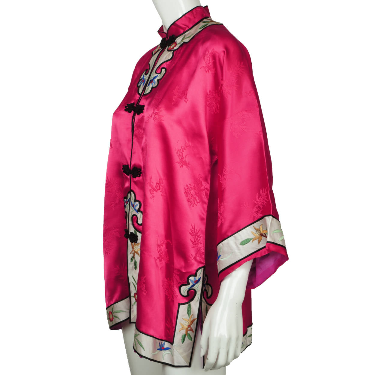 Vintage Chinese Silk Lounging Jacket 1960s Pink Silk w Embroidery Robe Ladies L - Poppy's Vintage Clothing