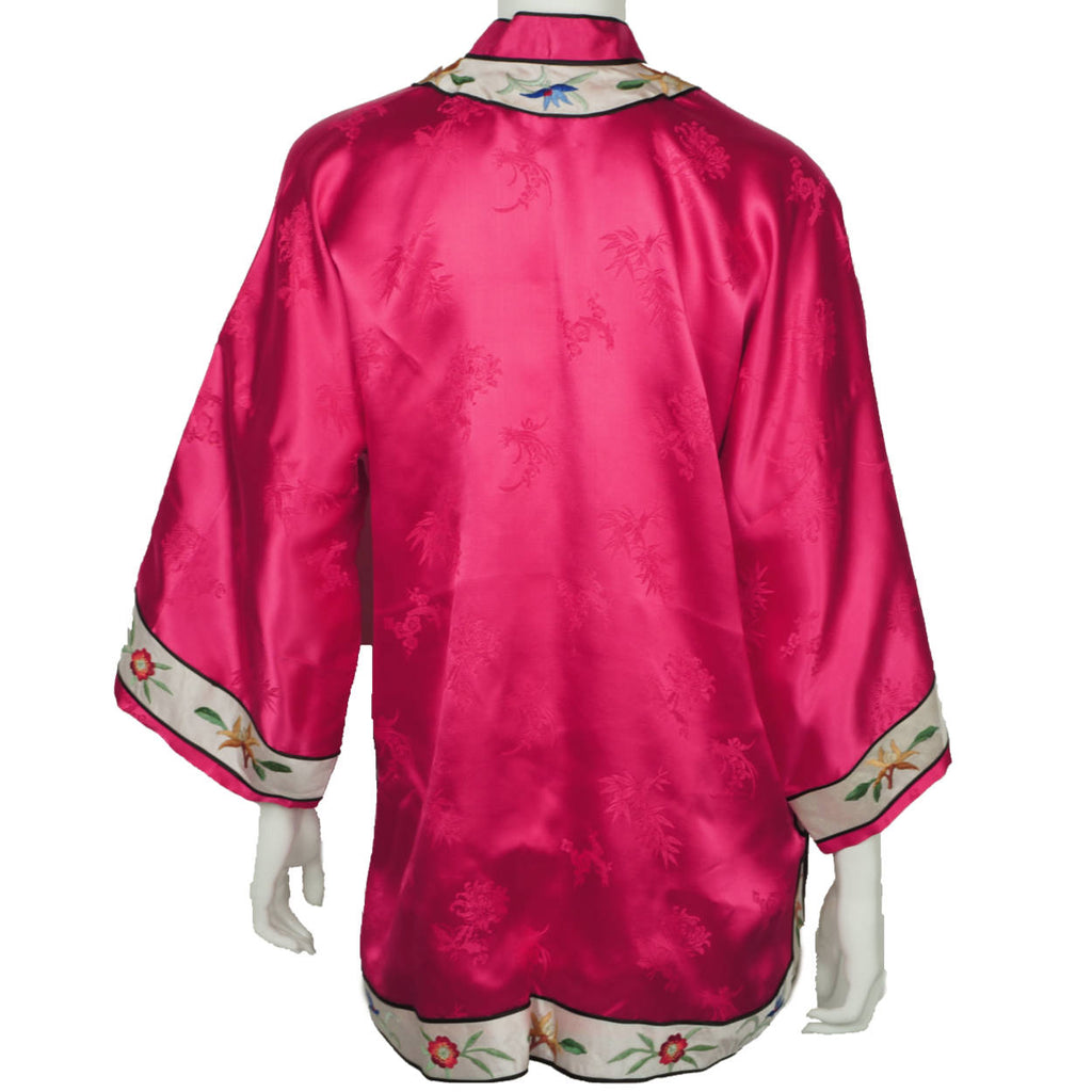 Vintage Chinese Silk Lounging Jacket 1960s Pink Silk w Embroidery Robe Ladies L - Poppy's Vintage Clothing