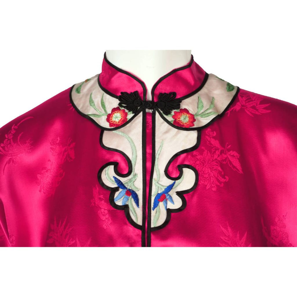 Vintage Chinese Silk Lounging Jacket 1960s Pink Silk w Embroidery Robe Ladies L - Poppy's Vintage Clothing
