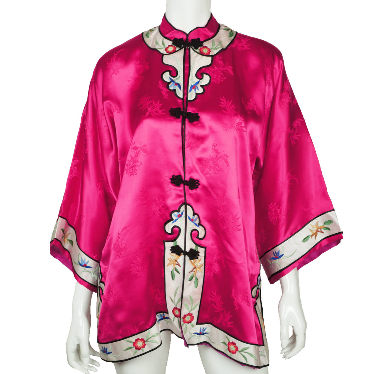 Vintage Chinese Silk Lounging Jacket 1960s Pink Silk w Embroidery Robe Ladies L - Poppy's Vintage Clothing