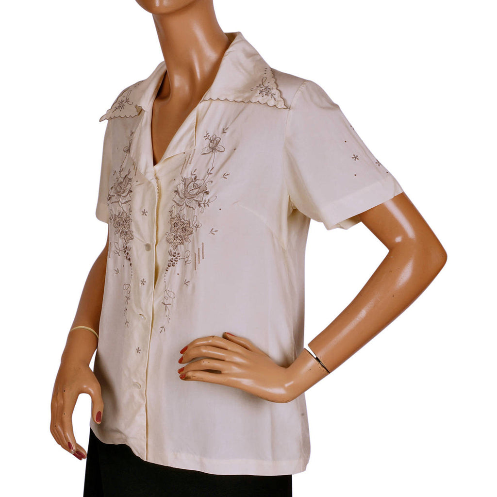 Vintage 60s Chinese Embroidered Pure Silk Blouse Size M - Poppy's Vintage Clothing
