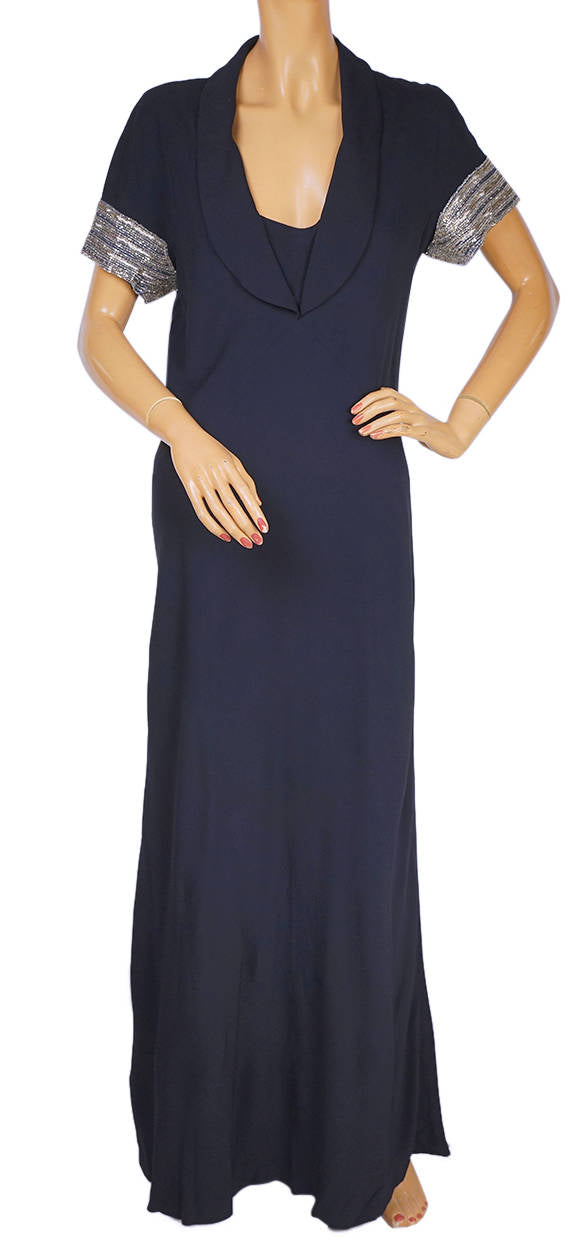 Vintage Chloe for Elizabeth Arden Evening Dress 1980s Blue Silk Crepe Size L - Poppy's Vintage Clothing