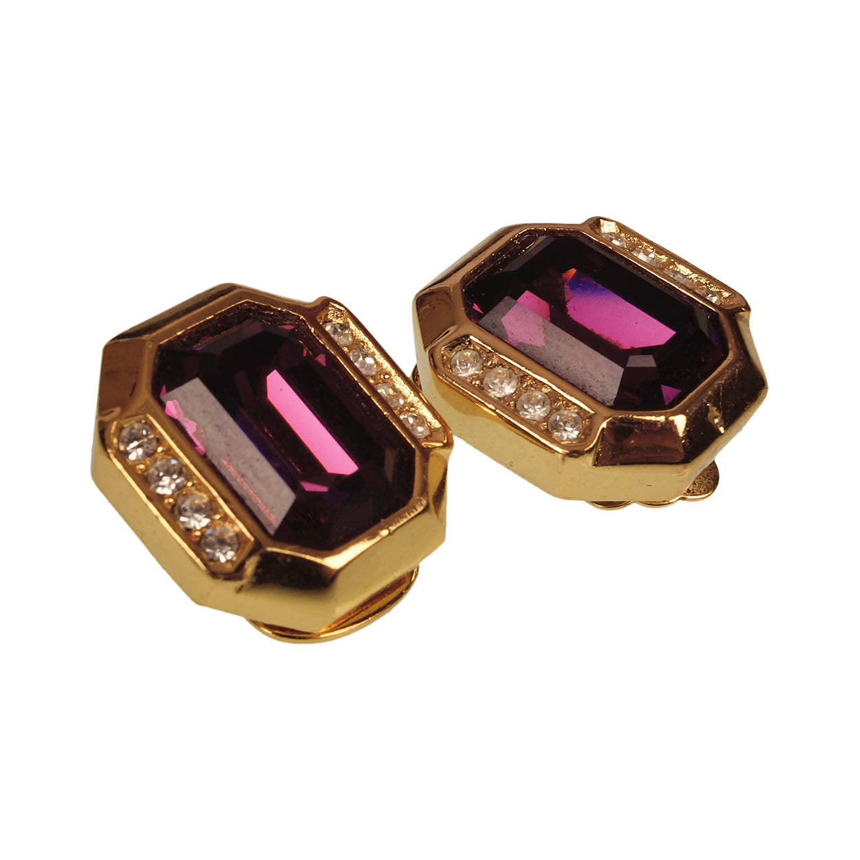Vintage Christian Dior Earrings Purple Amethyst Glass w Rhinestones 1980s - Poppy's Vintage Clothing