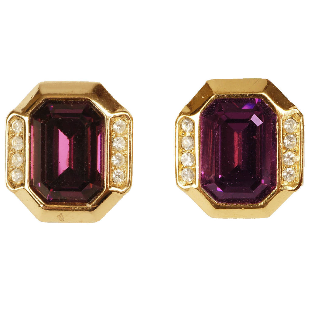 Vintage Christian Dior Earrings Purple Amethyst Glass w Rhinestones 1980s - Poppy's Vintage Clothing
