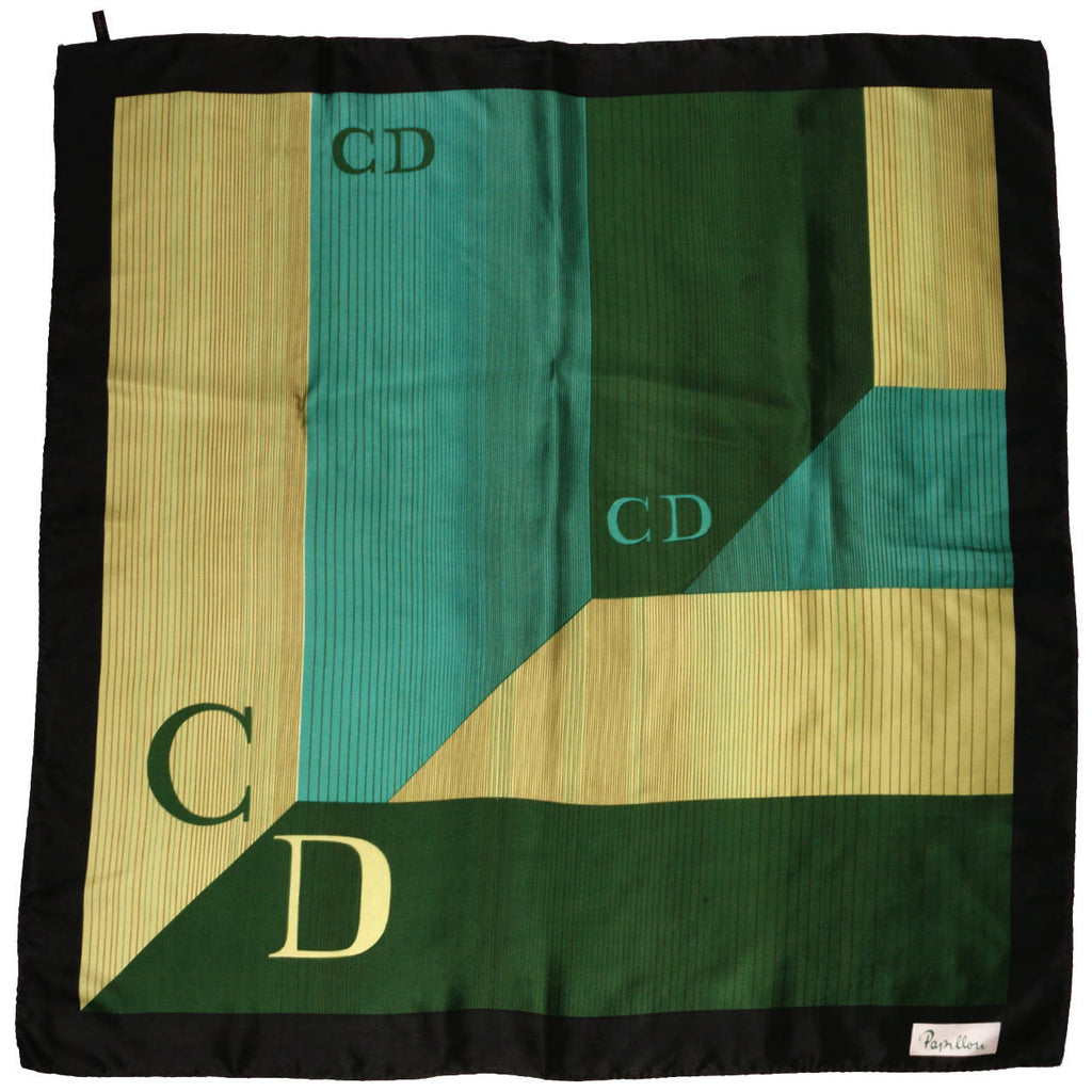 Vintage Christian Dior Scarf CD Logo Papillon Silk Twill Square Colour Block 1970s - Poppy's Vintage Clothing