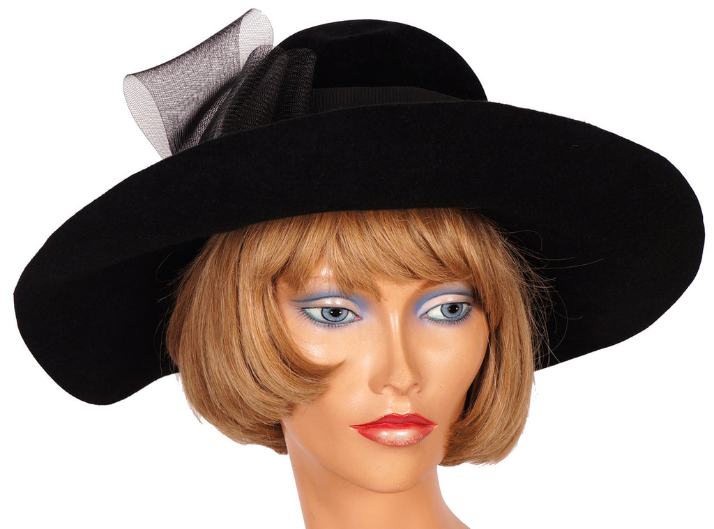Vintage Christian Dior Hat 1970s Black Felt Wide Brim - Poppy's Vintage Clothing