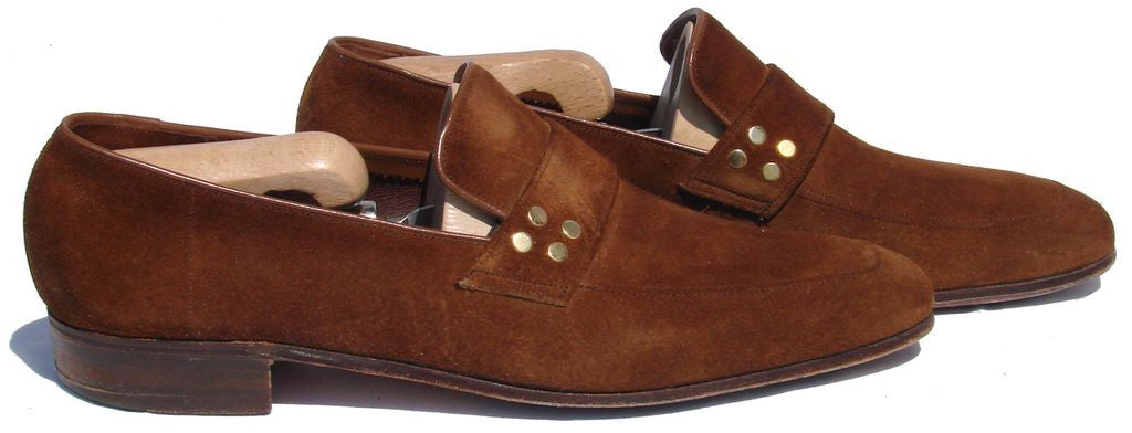 Vintage 1970s Church’s Brown Suede Shoes - Loafers Brass Studded - Mens Size 9 B/C - Poppy's Vintage Clothing