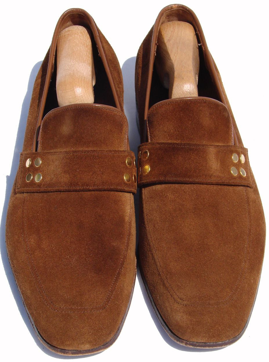 Vintage 1970s Church’s Brown Suede Shoes - Loafers Brass Studded - Mens Size 9 B/C - Poppy's Vintage Clothing