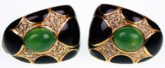 Ciner Gold Toned Earrings with Faux Jade Cabuchons Rhinestones & Black Enamel - Poppy's Vintage Clothing