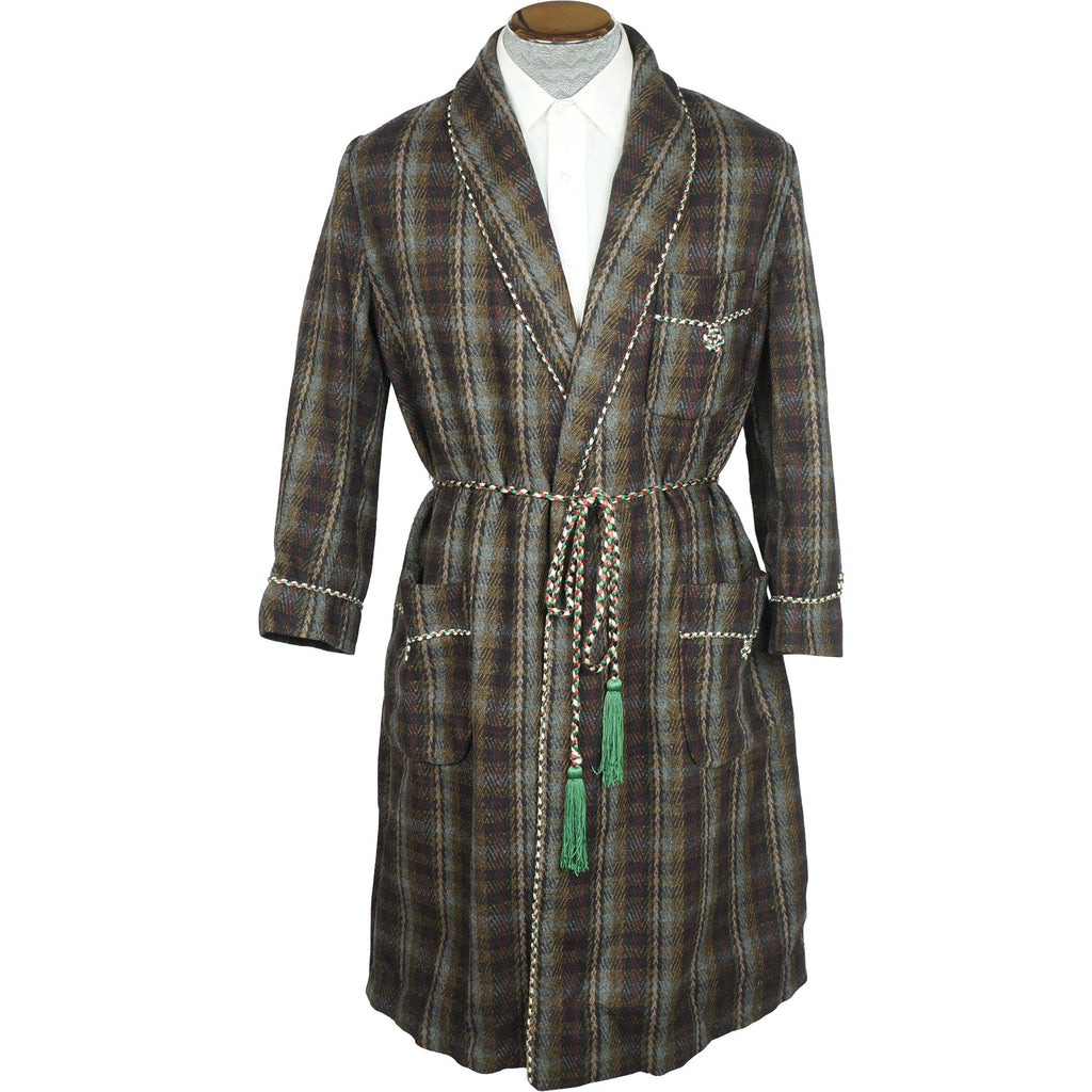 Vintage 60s Plaid Wool Dressing Gown Lounging Robe Mens S - Poppy's Vintage Clothing