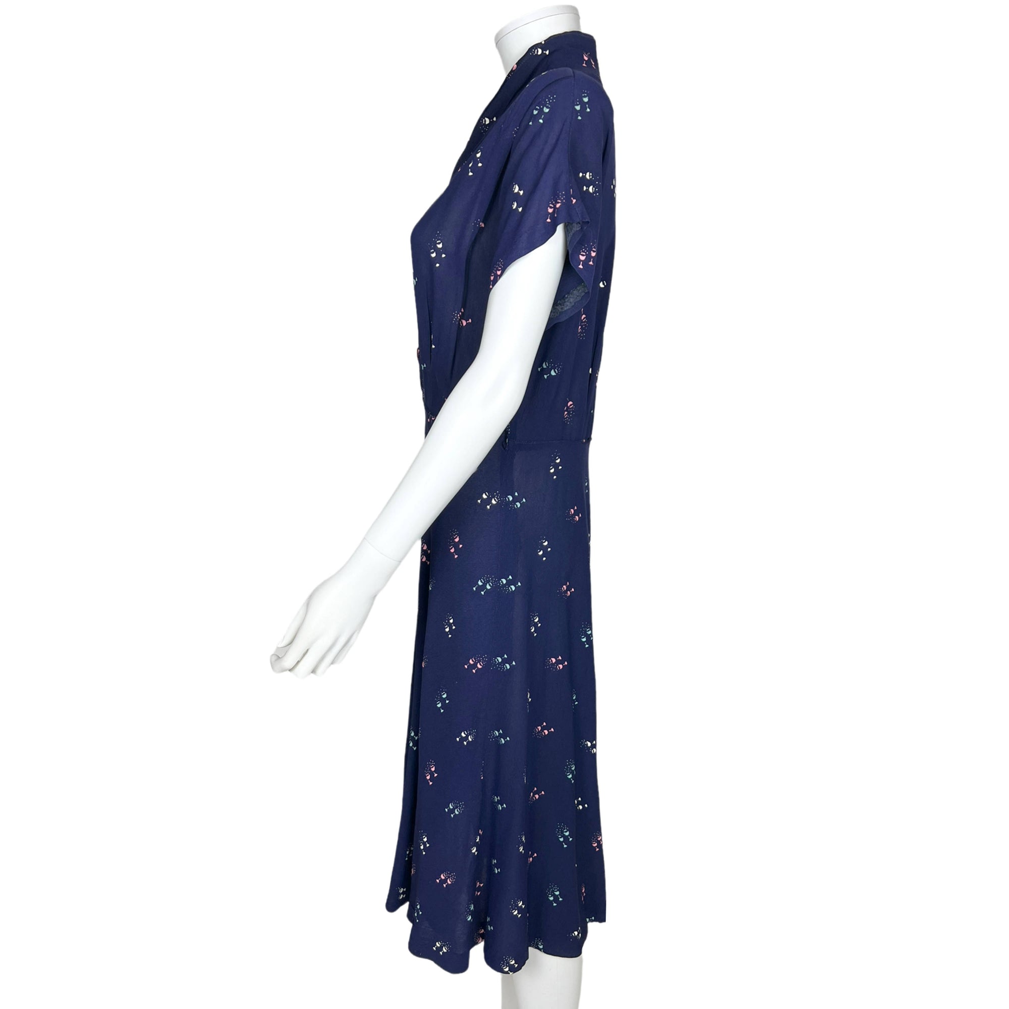 Vintage 1940s Day Dress Cocktail Glass Novelty Print Sz M L