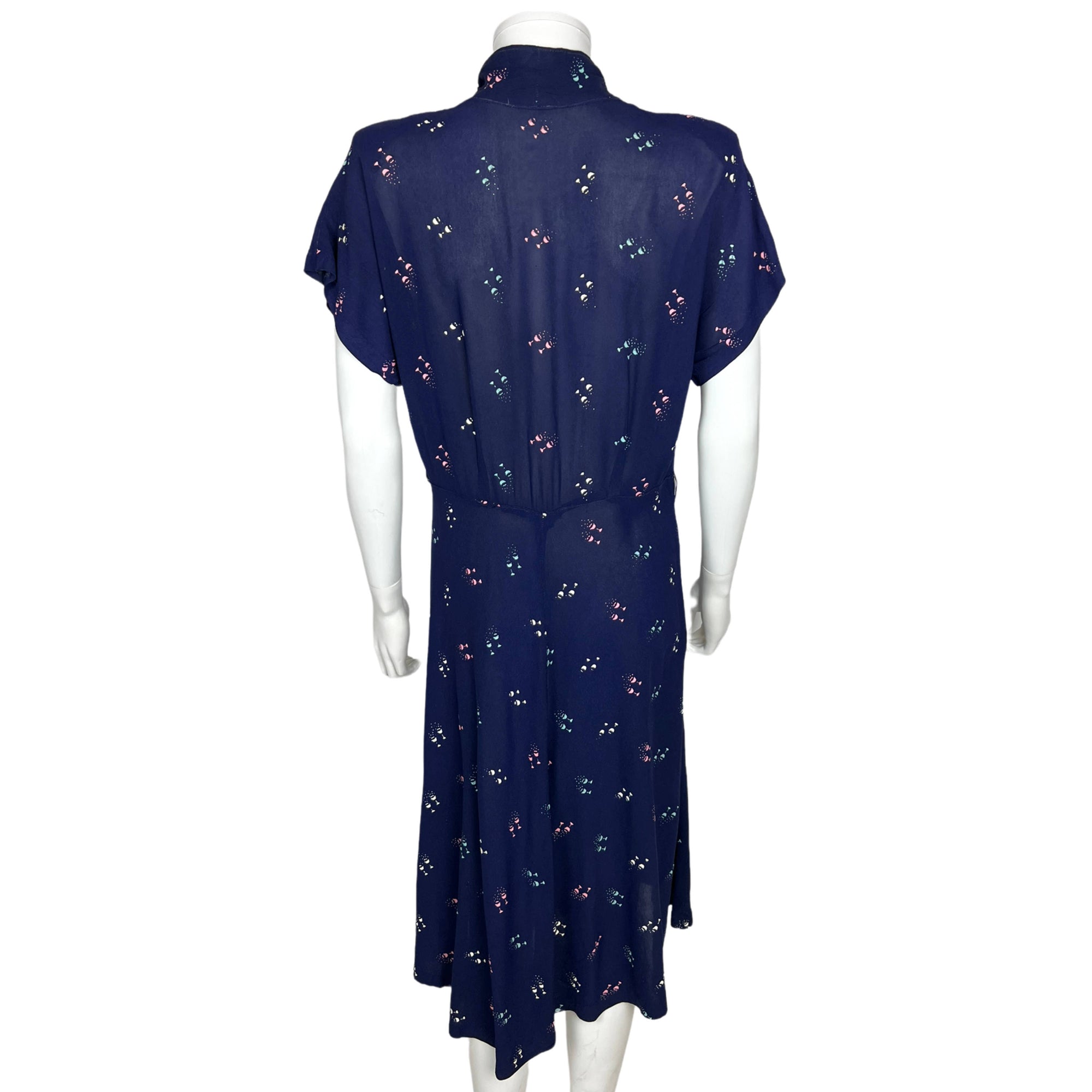 Vintage 1940s Day Dress Cocktail Glass Novelty Print Sz M L