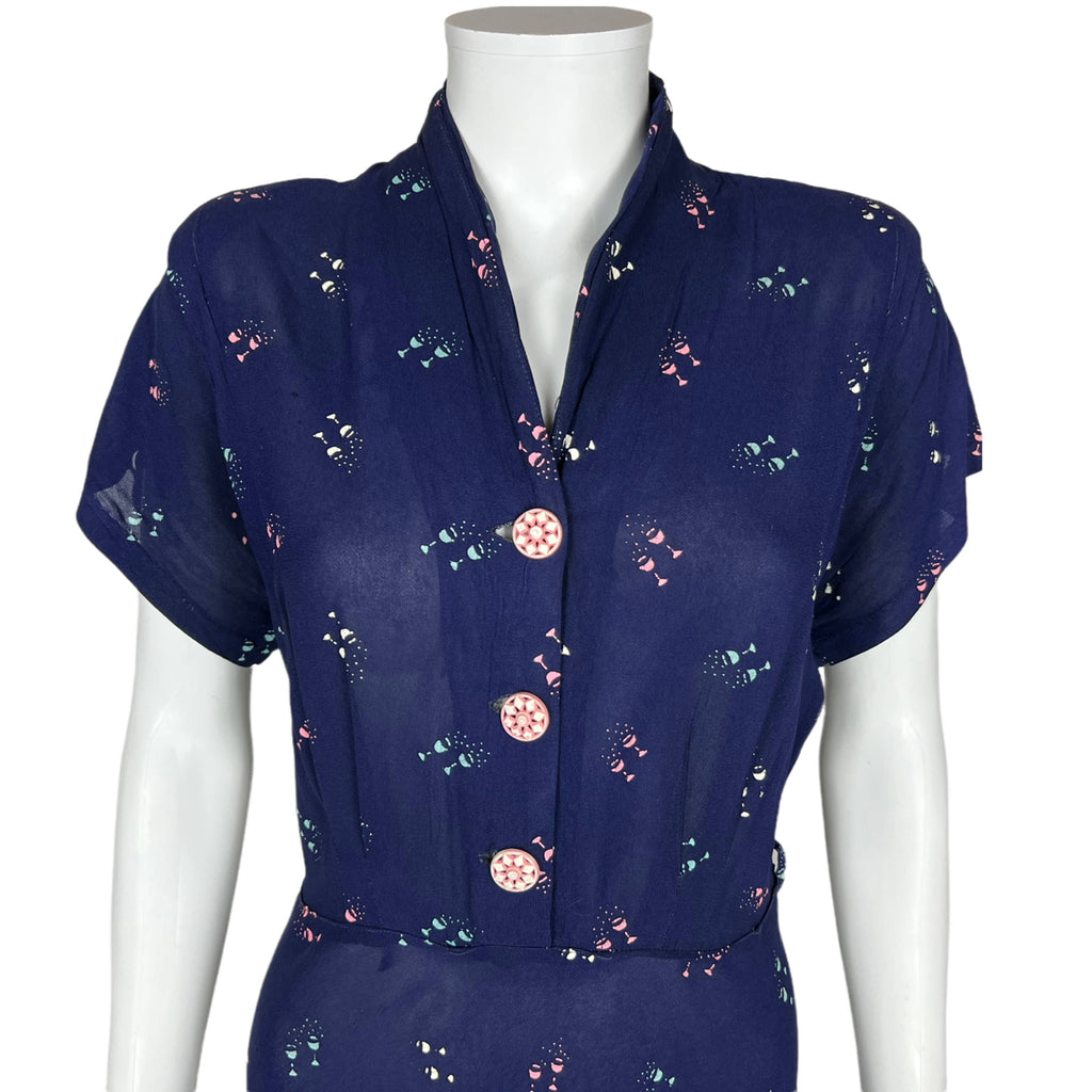 Vintage 1940s Day Dress Cocktail Glass Novelty Print Sz M L