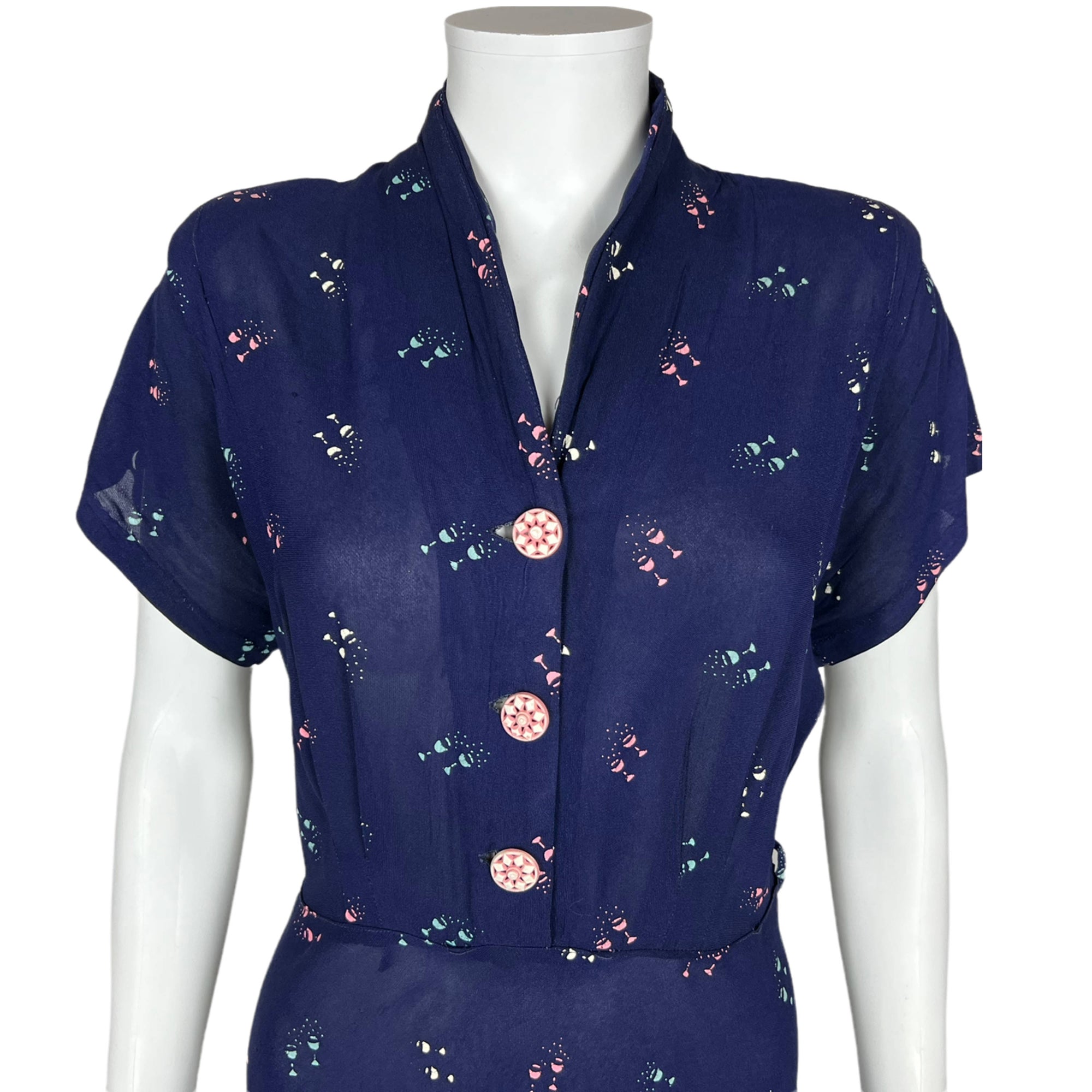 Vintage 1940s Day Dress Cocktail Glass Novelty Print Sz M L