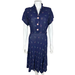 Vintage 1940s Day Dress Cocktail Glass Novelty Print Sz M L