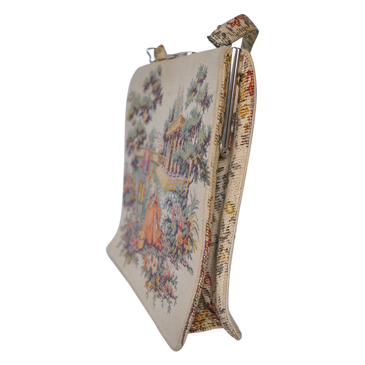 Vintage 1950s Tapestry Handbag Purse Colonial Courting Couple Scene - Poppy's Vintage Clothing