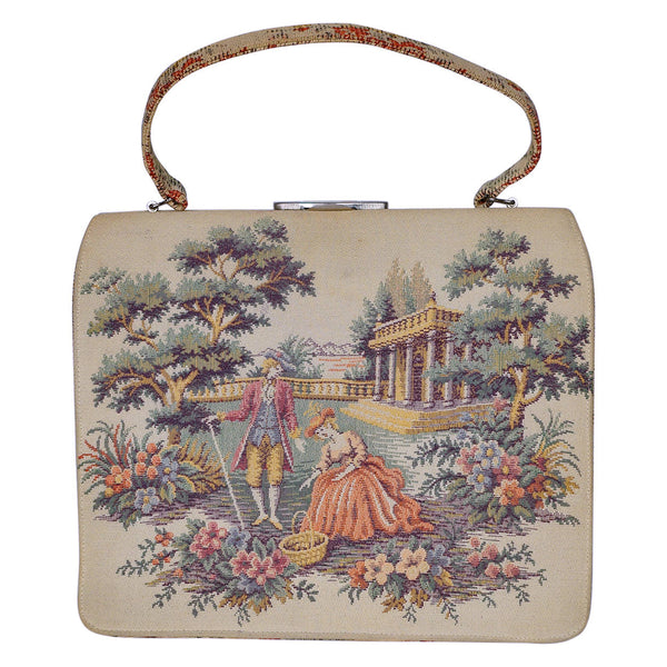 Vintage 1950s Tapestry Handbag Purse Colonial Courting Couple Scene - Poppy's Vintage Clothing