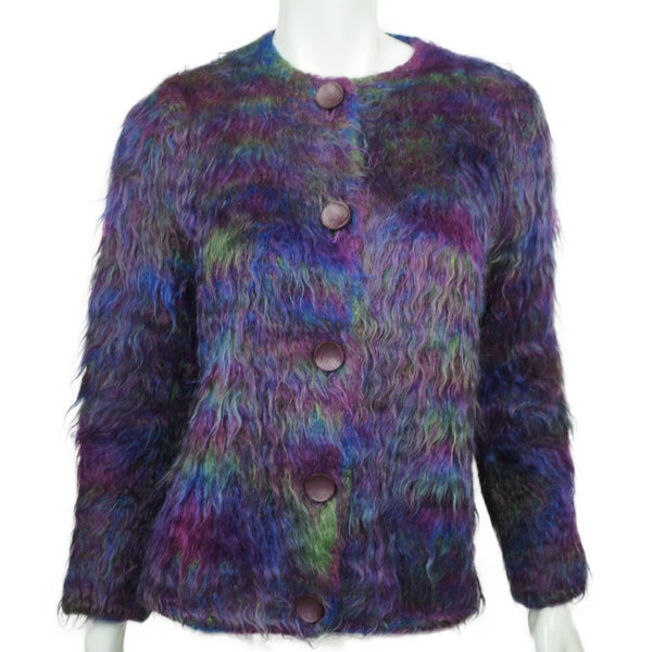 Vintage Mohair Sweater Purple Blue and Green Ladies Cardigan 1960s Size L - Poppy's Vintage Clothing