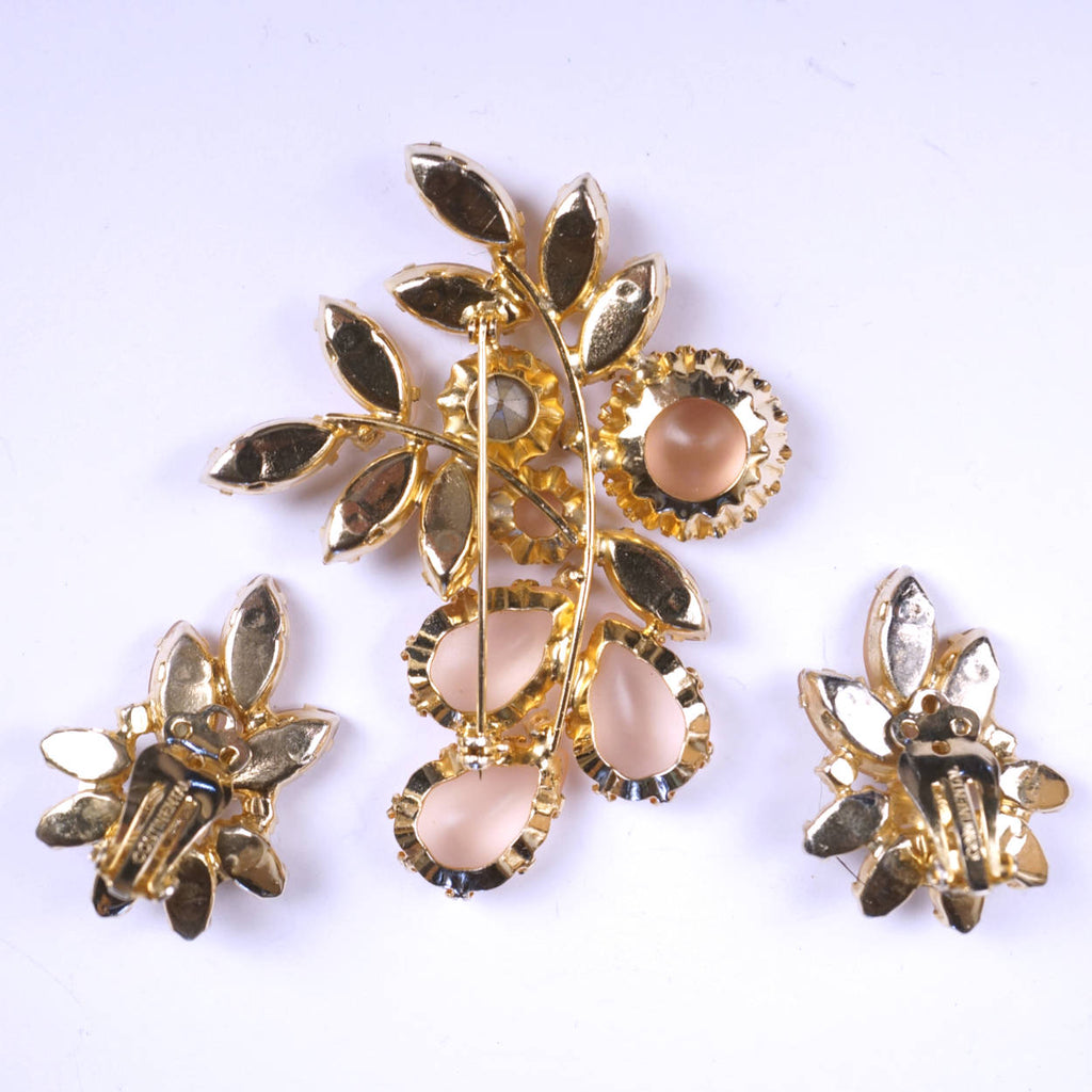 Vintage Continental Cabochon Rhinestone Brooch &amp; Earrings Demi Parure - Poppy's Vintage Clothing