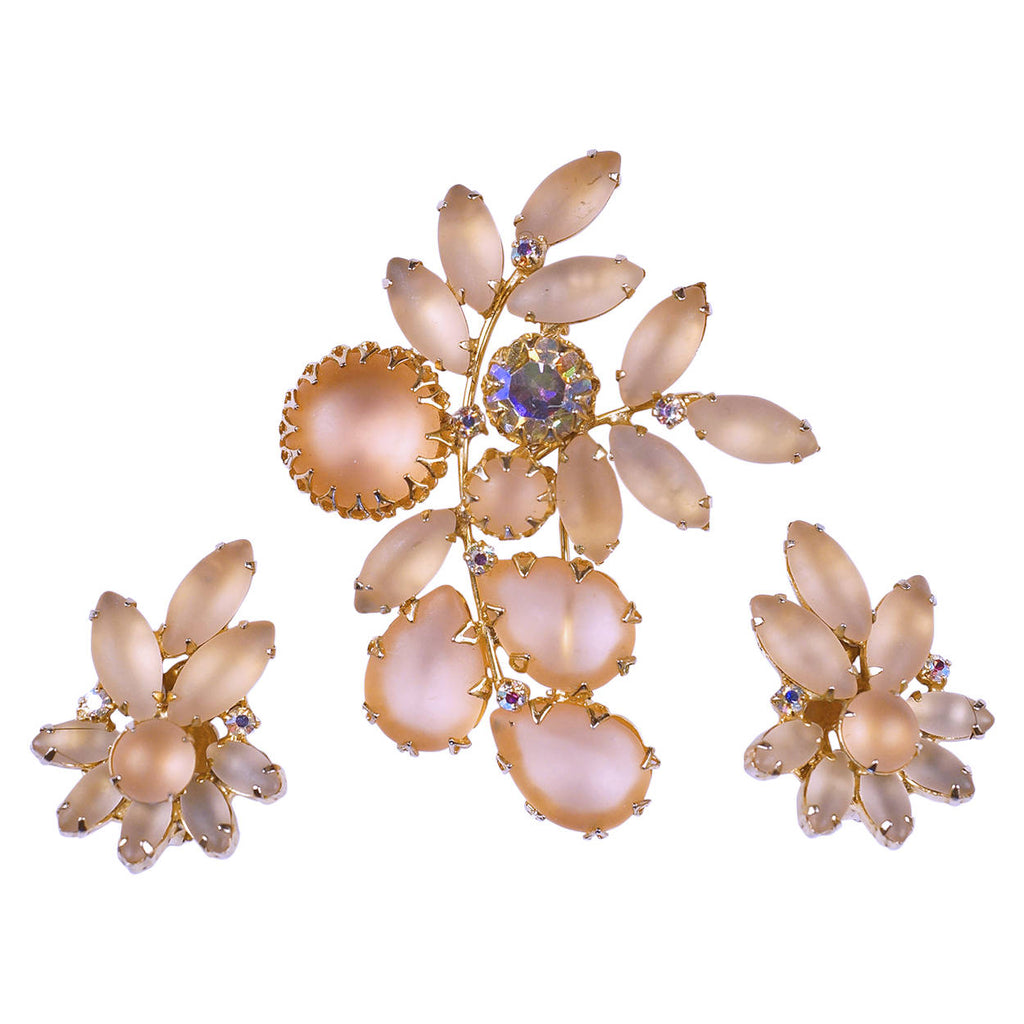 Vintage Continental Cabochon Rhinestone Brooch &amp; Earrings Demi Parure - Poppy's Vintage Clothing