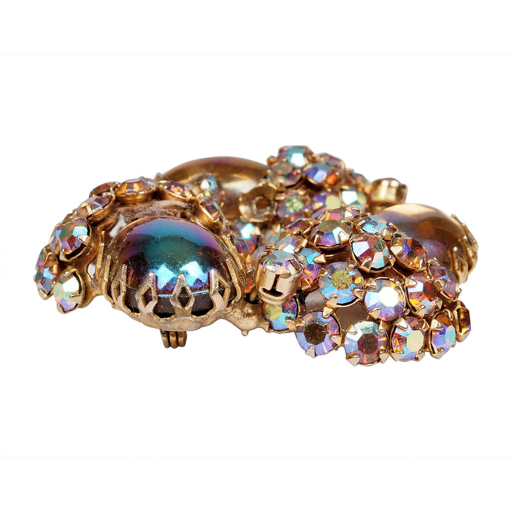 Vintage Continental AB Rhinestone Brooch w Iridescent Cabuchons 1950s - Poppy's Vintage Clothing