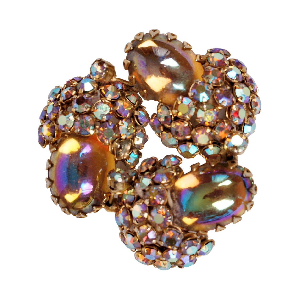 Vintage Continental AB Rhinestone Brooch w Iridescent Cabuchons 1950s - Poppy's Vintage Clothing