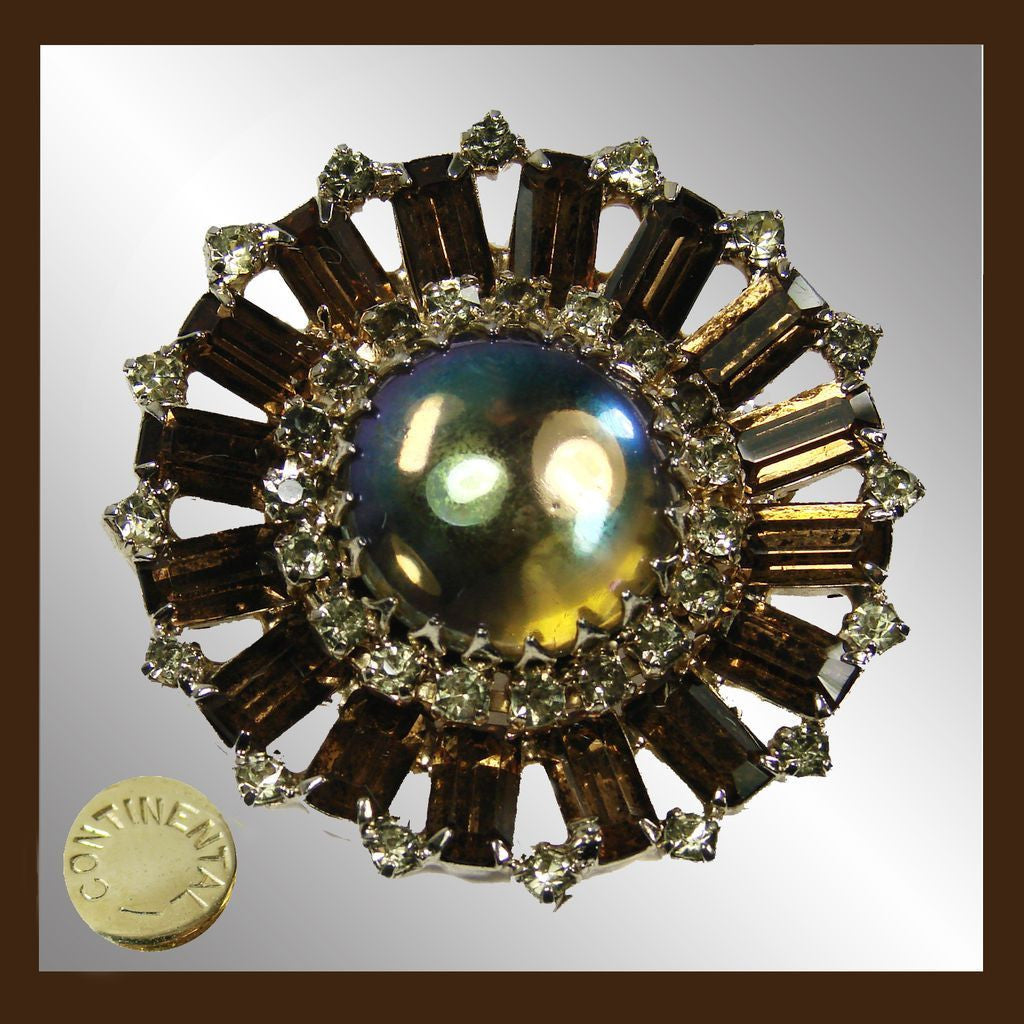 1950s Continental Rhinestone Brooch Large Cabochon Center - Poppy's Vintage Clothing