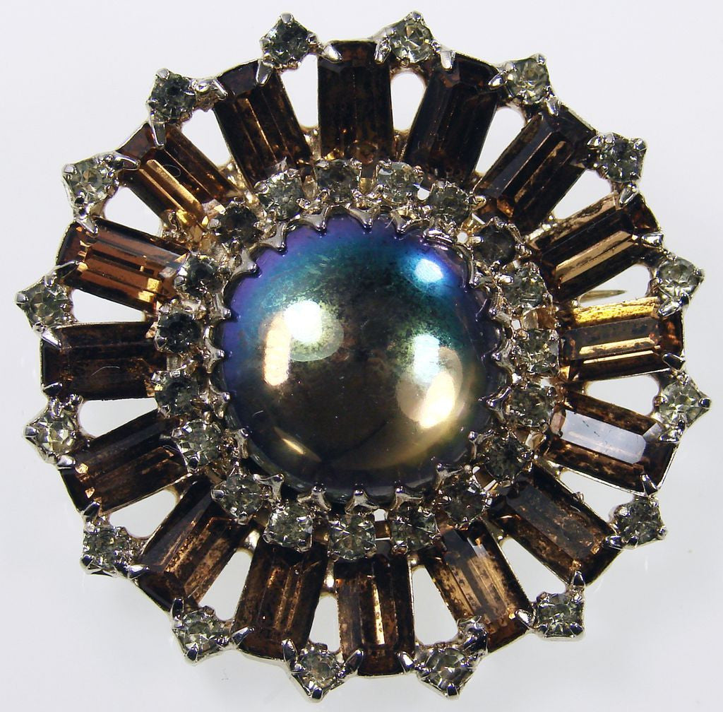1950s Continental Rhinestone Brooch Large Cabochon Center - Poppy's Vintage Clothing