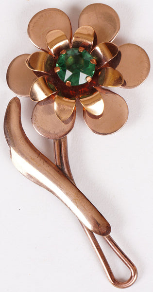 Vintage Copper Flower Brooch with Green Center Stone 1940s / 50s - Poppy's Vintage Clothing