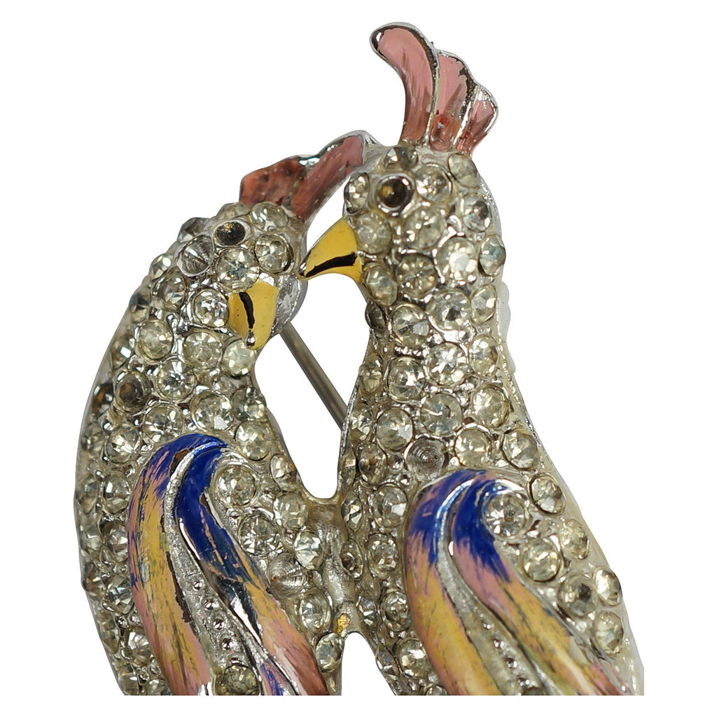 Vintage 1940s Coro Enamel Cockatoos Brooch w Rhinestones Verrecchio Variation - Poppy's Vintage Clothing