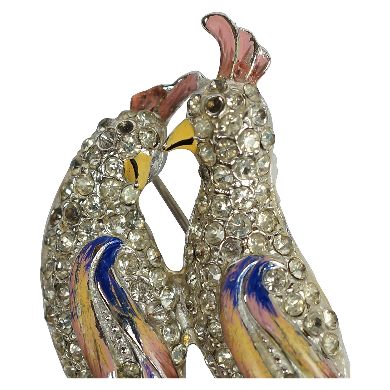 Vintage 1940s Coro Enamel Cockatoos Brooch w Rhinestones Verrecchio Variation - Poppy's Vintage Clothing