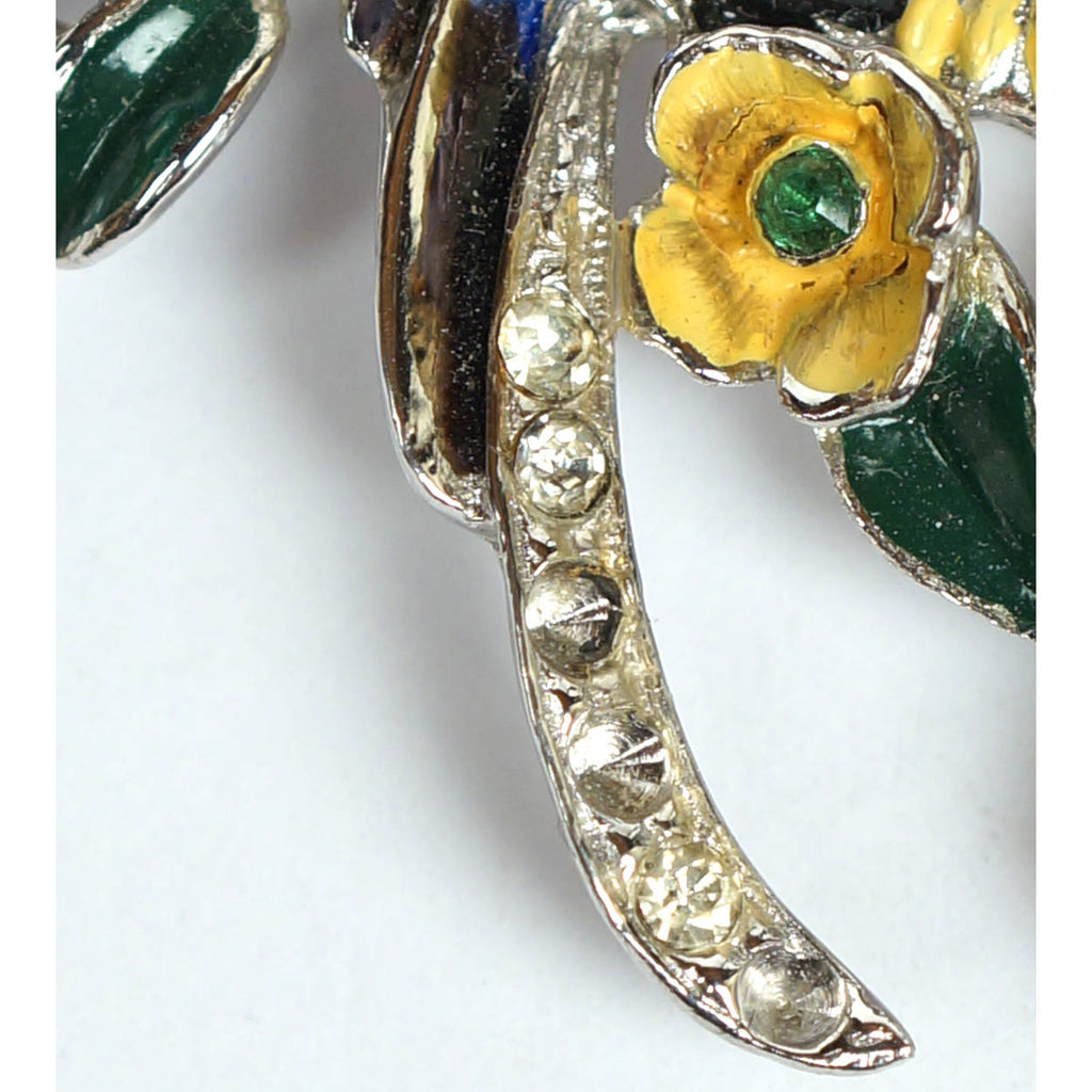 Vintage 1940s Coro Enamel Cockatoos Brooch w Rhinestones Verrecchio Variation - Poppy's Vintage Clothing