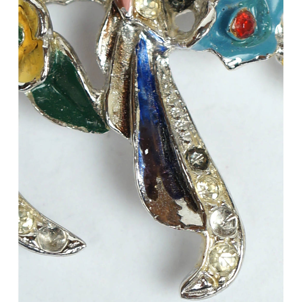 Vintage 1940s Coro Enamel Cockatoos Brooch w Rhinestones Verrecchio Variation - Poppy's Vintage Clothing