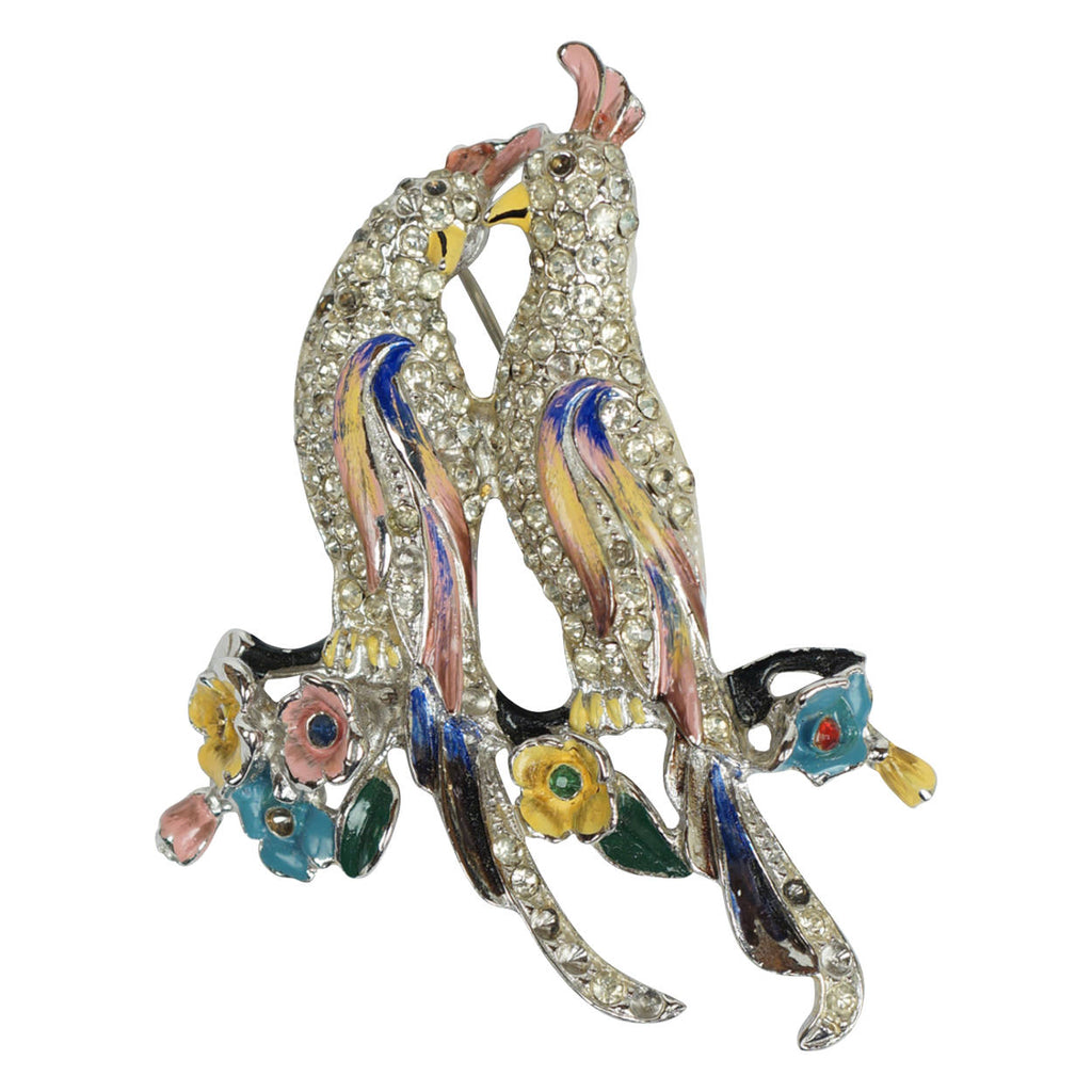 Vintage 1940s Coro Enamel Cockatoos Brooch w Rhinestones Verrecchio Variation - Poppy's Vintage Clothing